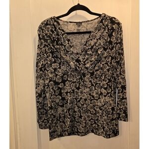 Pre-owned Rafaella‎ Stretch Casual Blouse Black w/ Cream Floral design XL